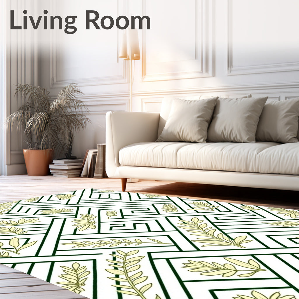 Geometric Leaf Patterned Green and Cream Rug