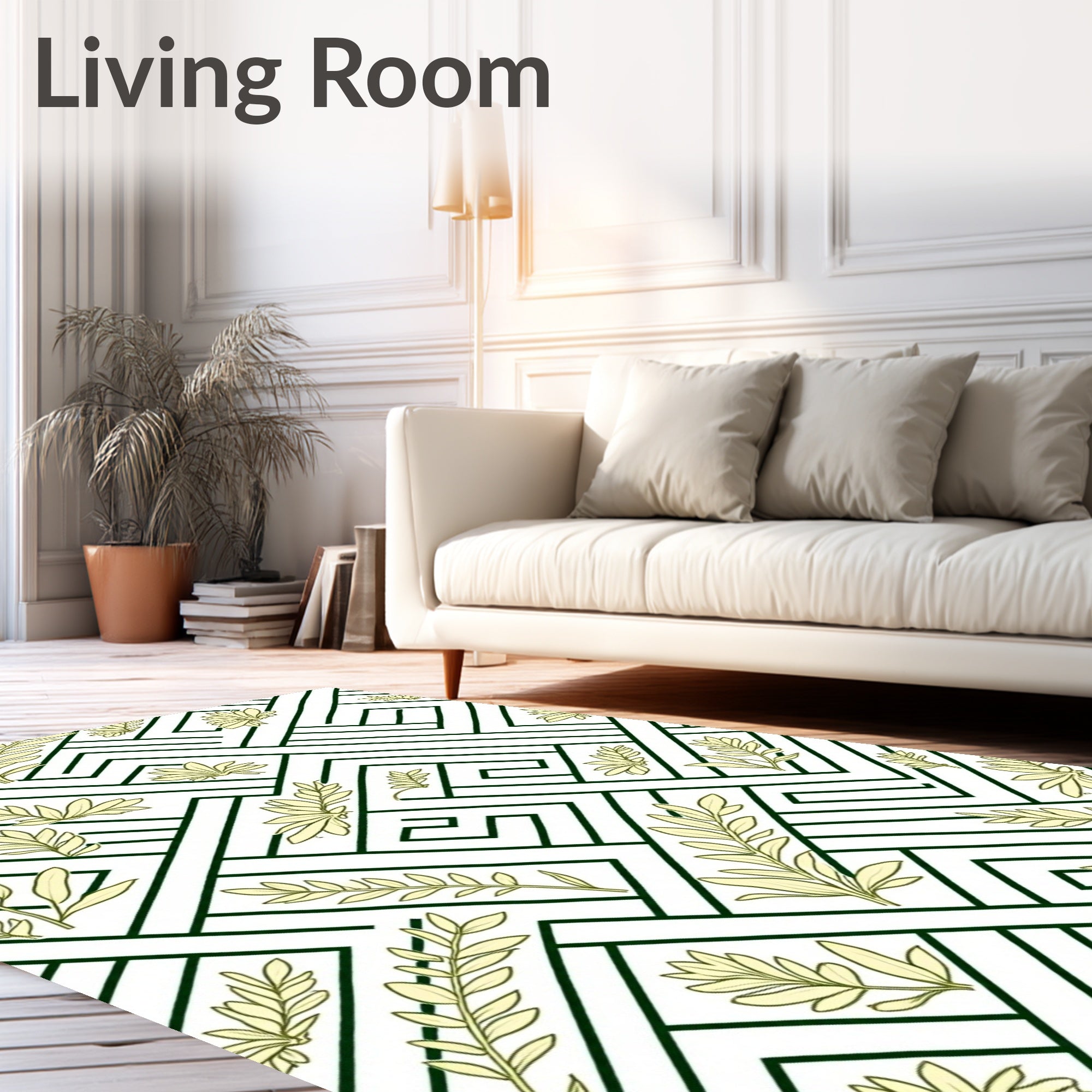 Geometric Leaf Patterned Green and Cream Rug
