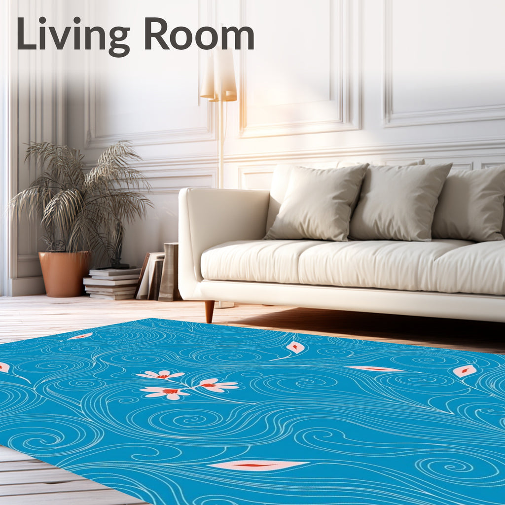 Abstract Blue Swirls With Floral Accents Rug
