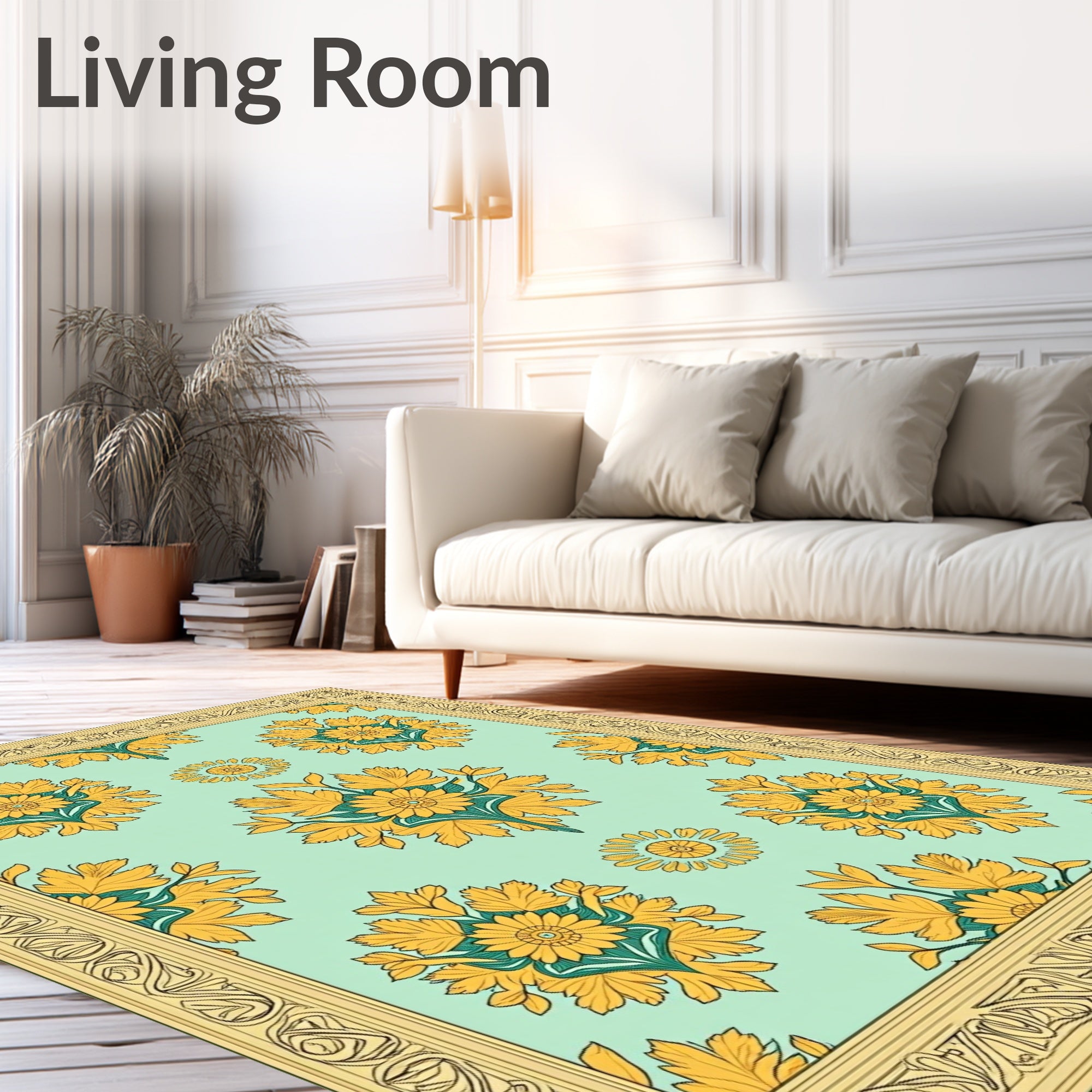Golden Floral Meadow Patterned Rug