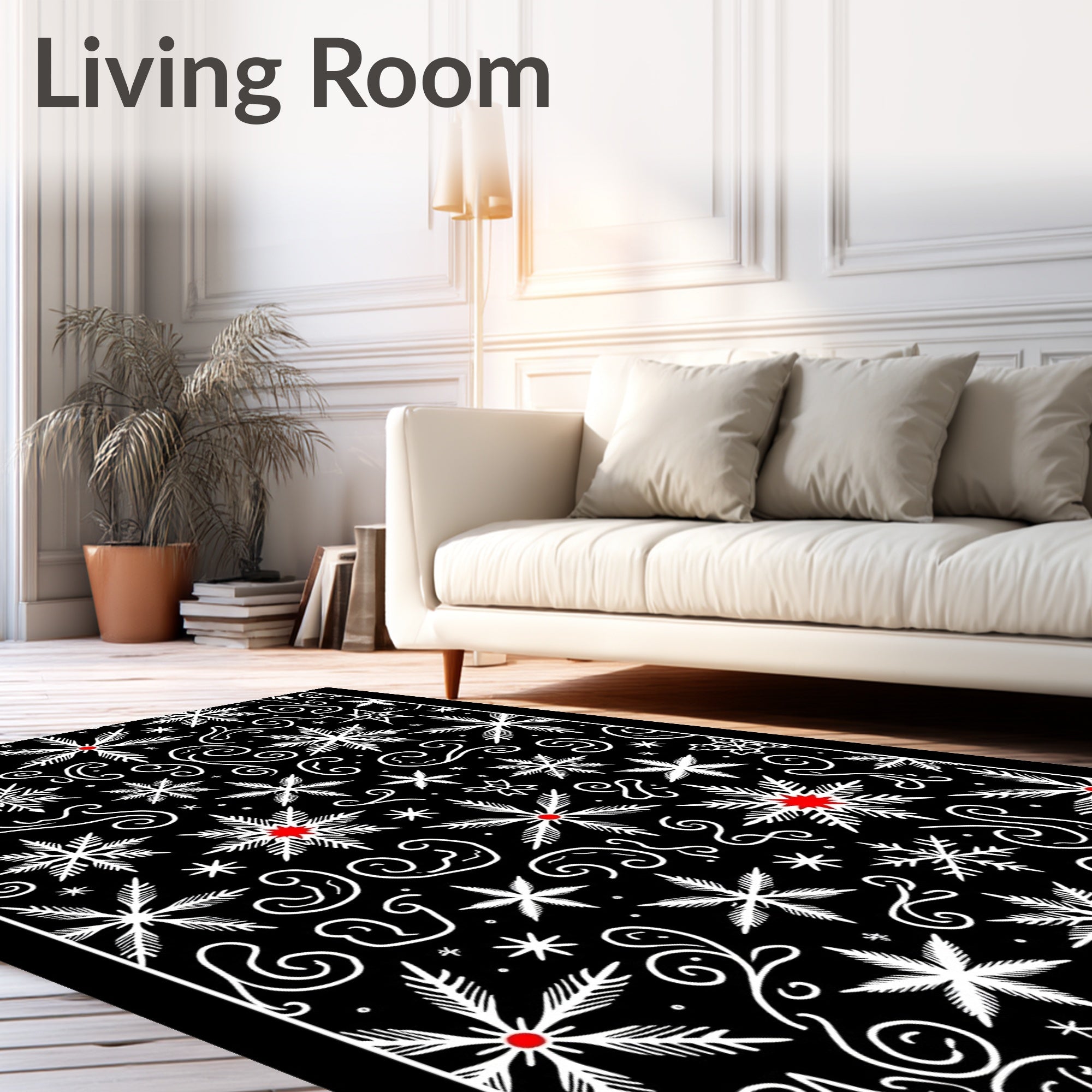 Black White Red Snowflake Swirls Rug