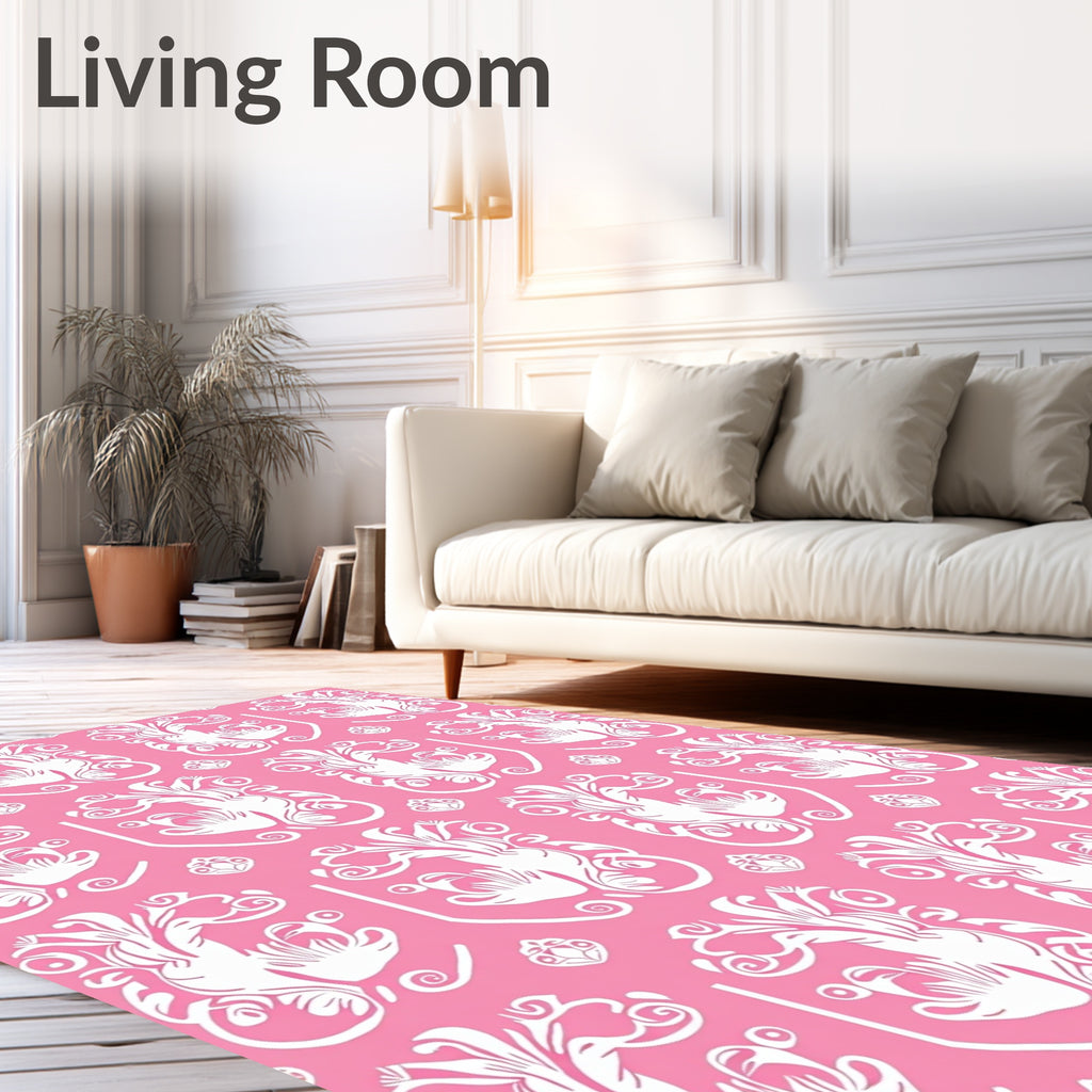 Ornate White Floral Pattern On Pink Rug