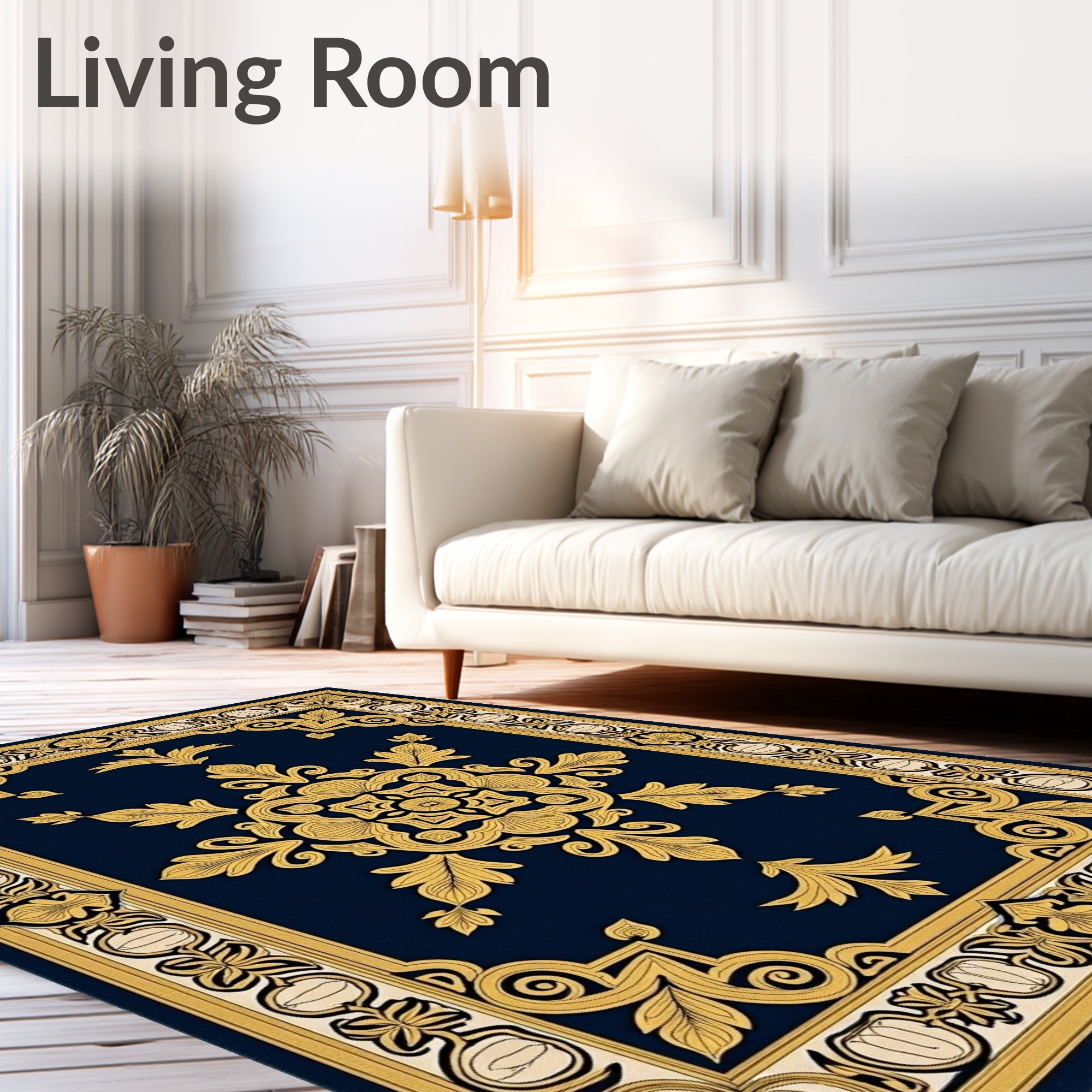 Ornate Gold Navy Floral Medallion Rug