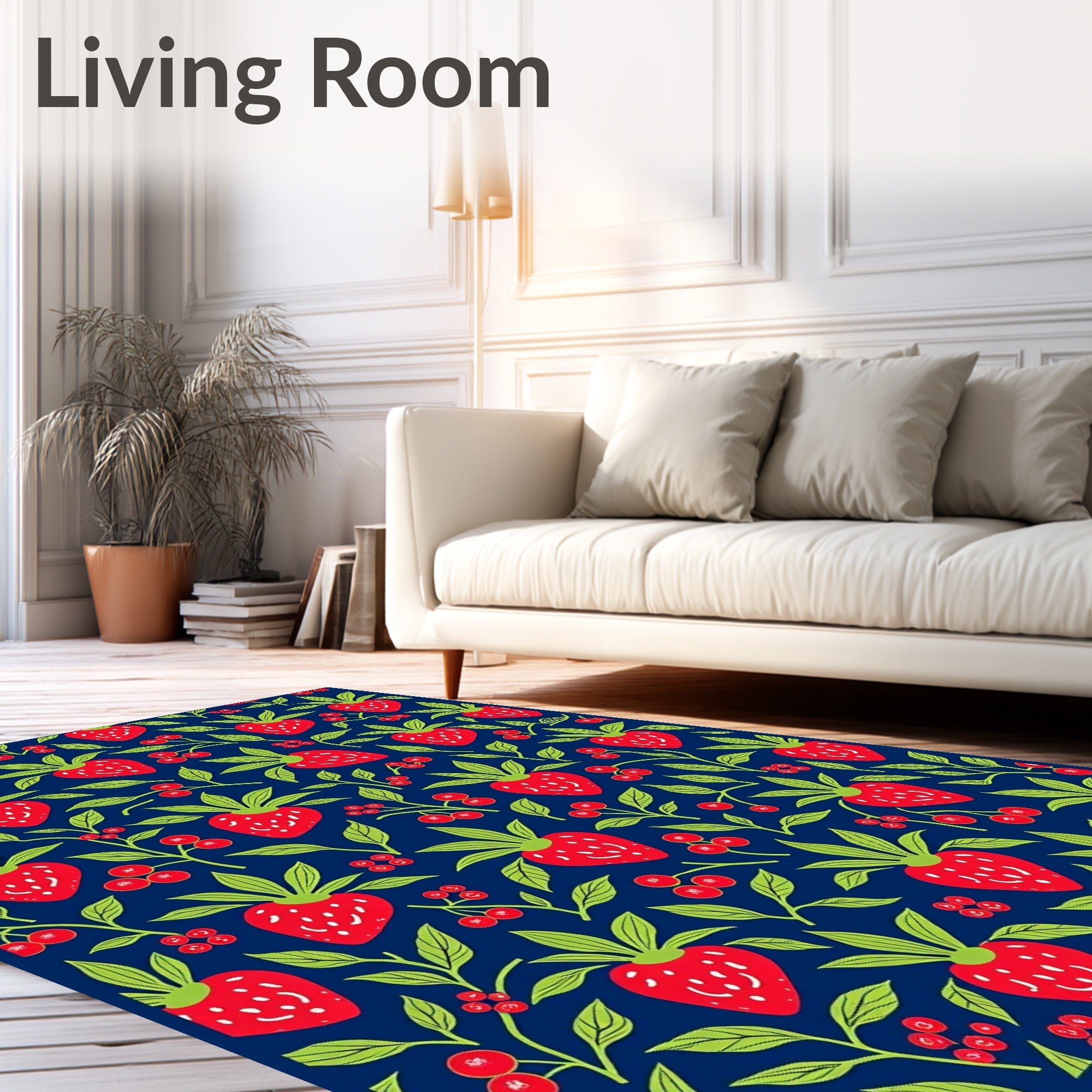 Red Strawberry Navy Botanical Pattern Rug