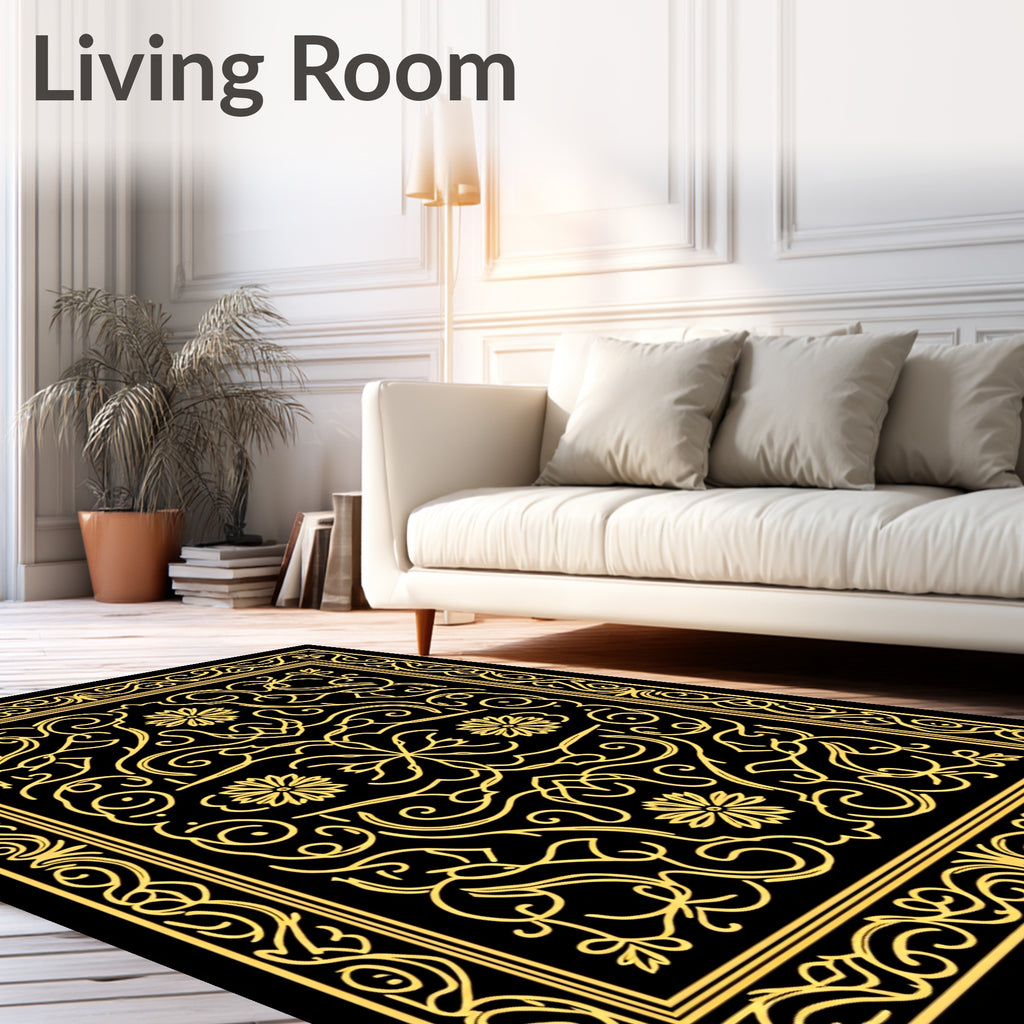 Elaborate Golden Floral Filigree Design Rug