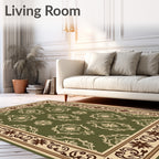 Classic Green Damask Scroll Border Rug