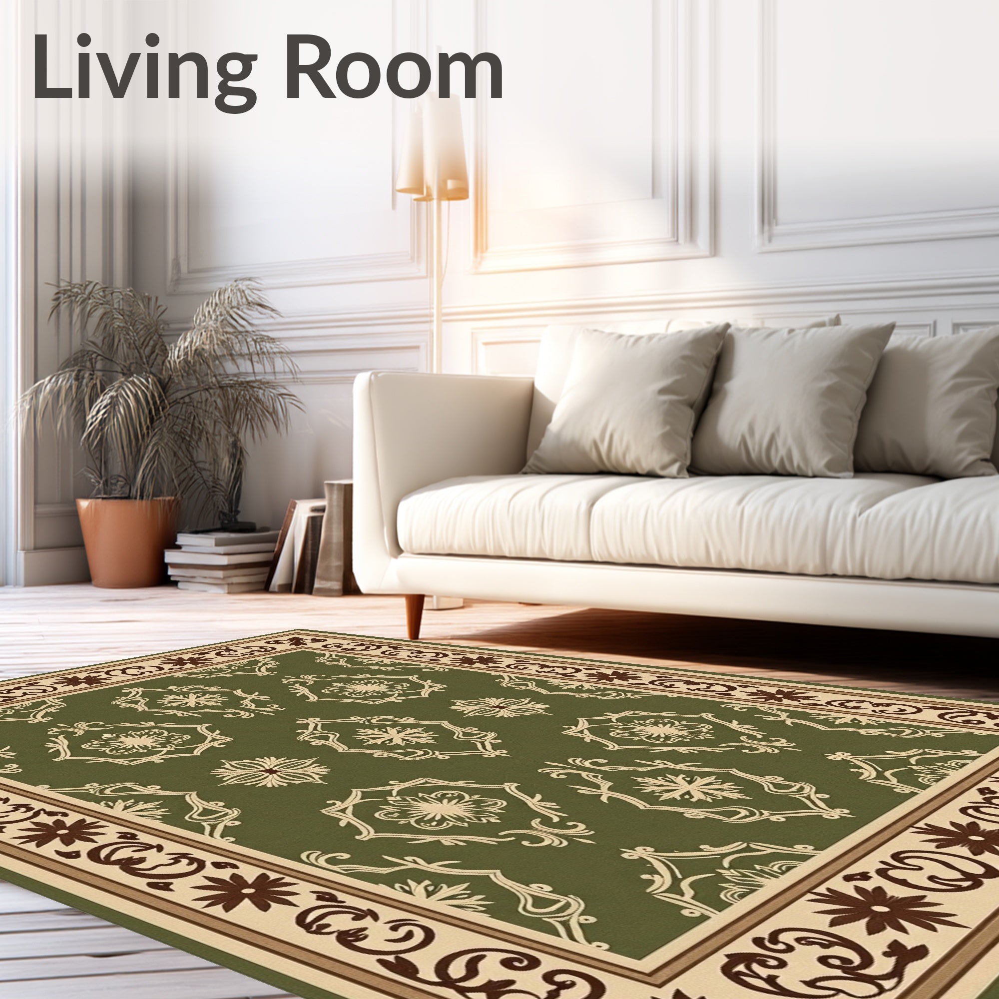 Classic Green Damask Scroll Border Rug