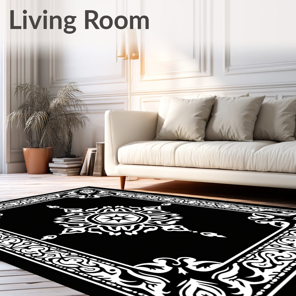Classic Black White Ornamental Pattern Rug