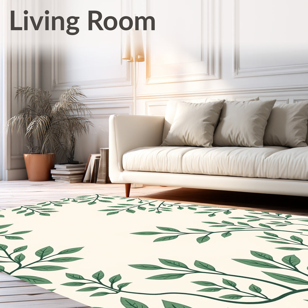 Cream Green Leafy Branch Pattern Rug