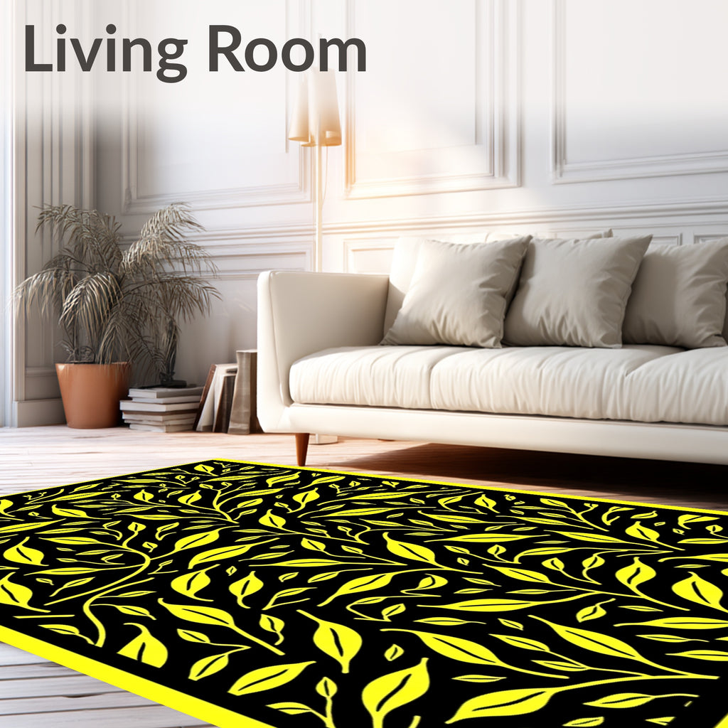 Vibrant Yellow Leafy Branch Pattern Rug