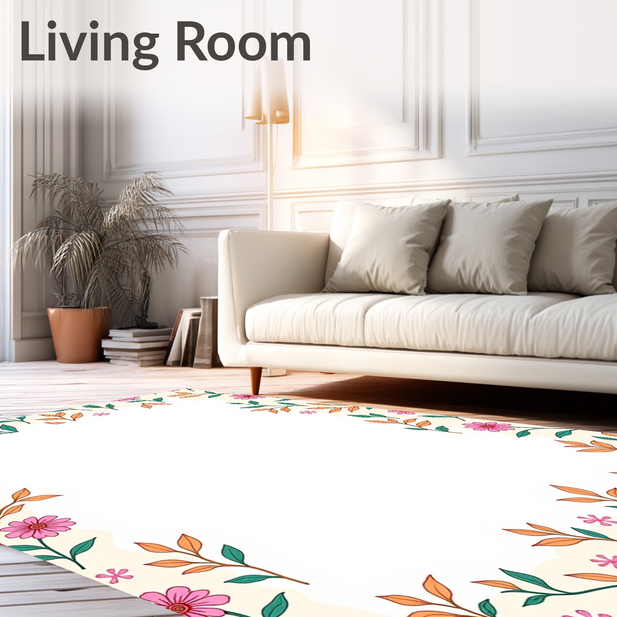 Whimsical Pink Flowers Leaves Border Rug