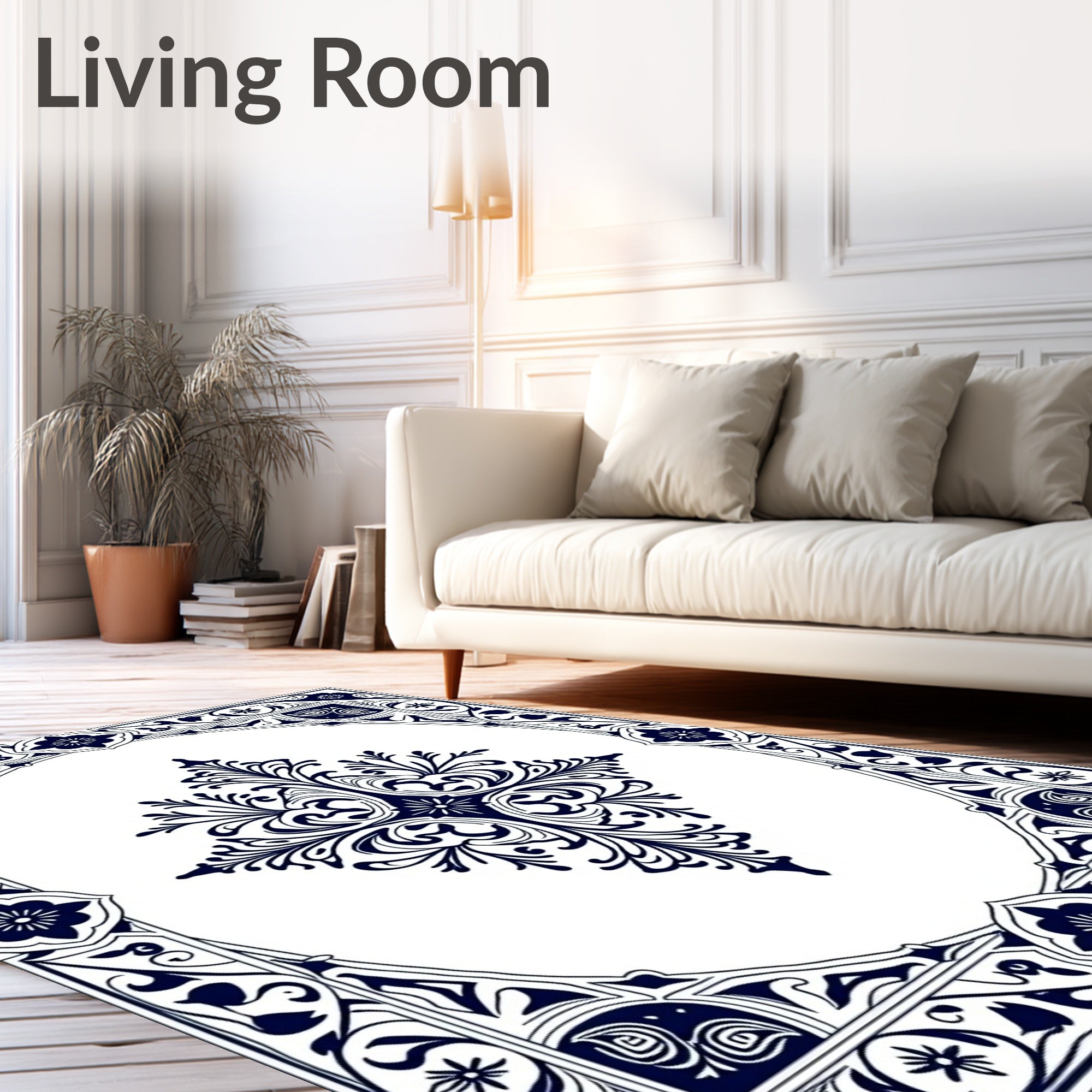 Deep Blue Classic Botanical Frame Design Rug