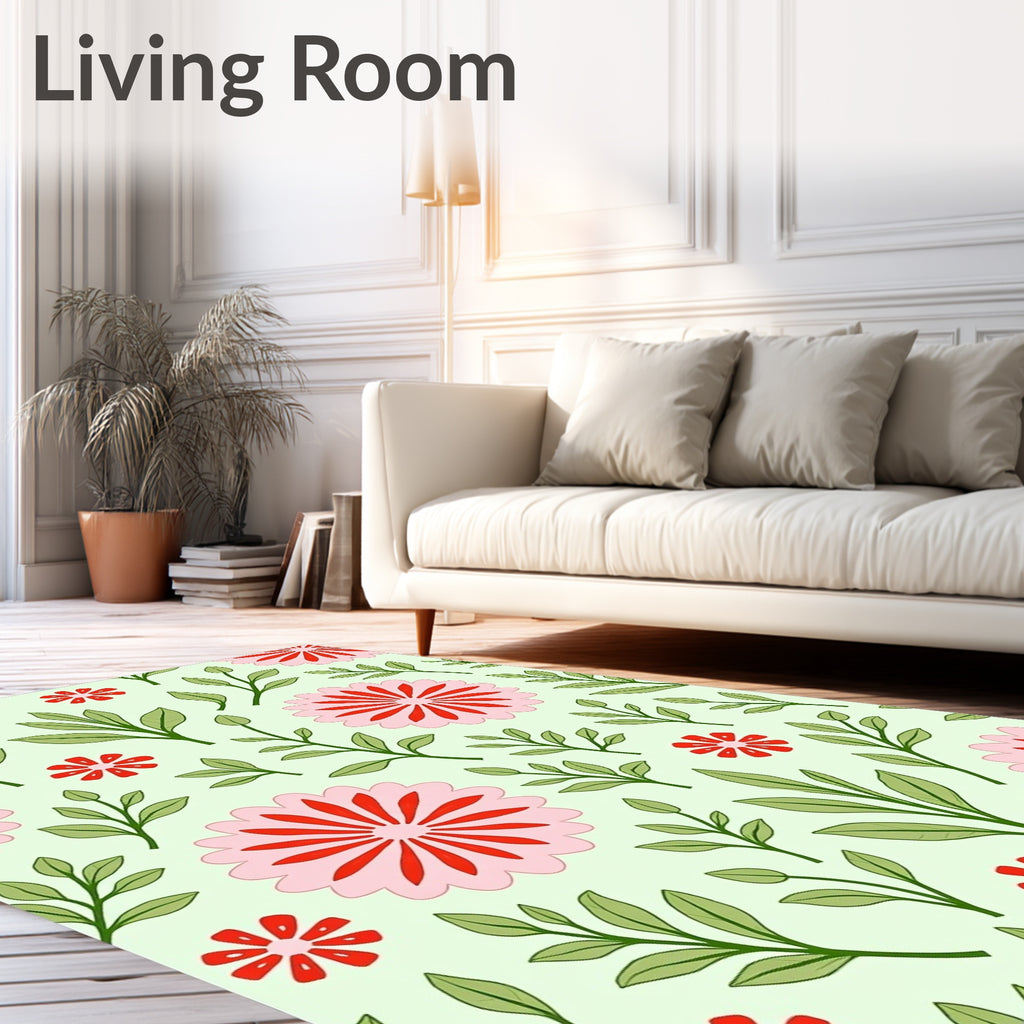 Pink Red Blooming Floral Leaf Pattern Rug