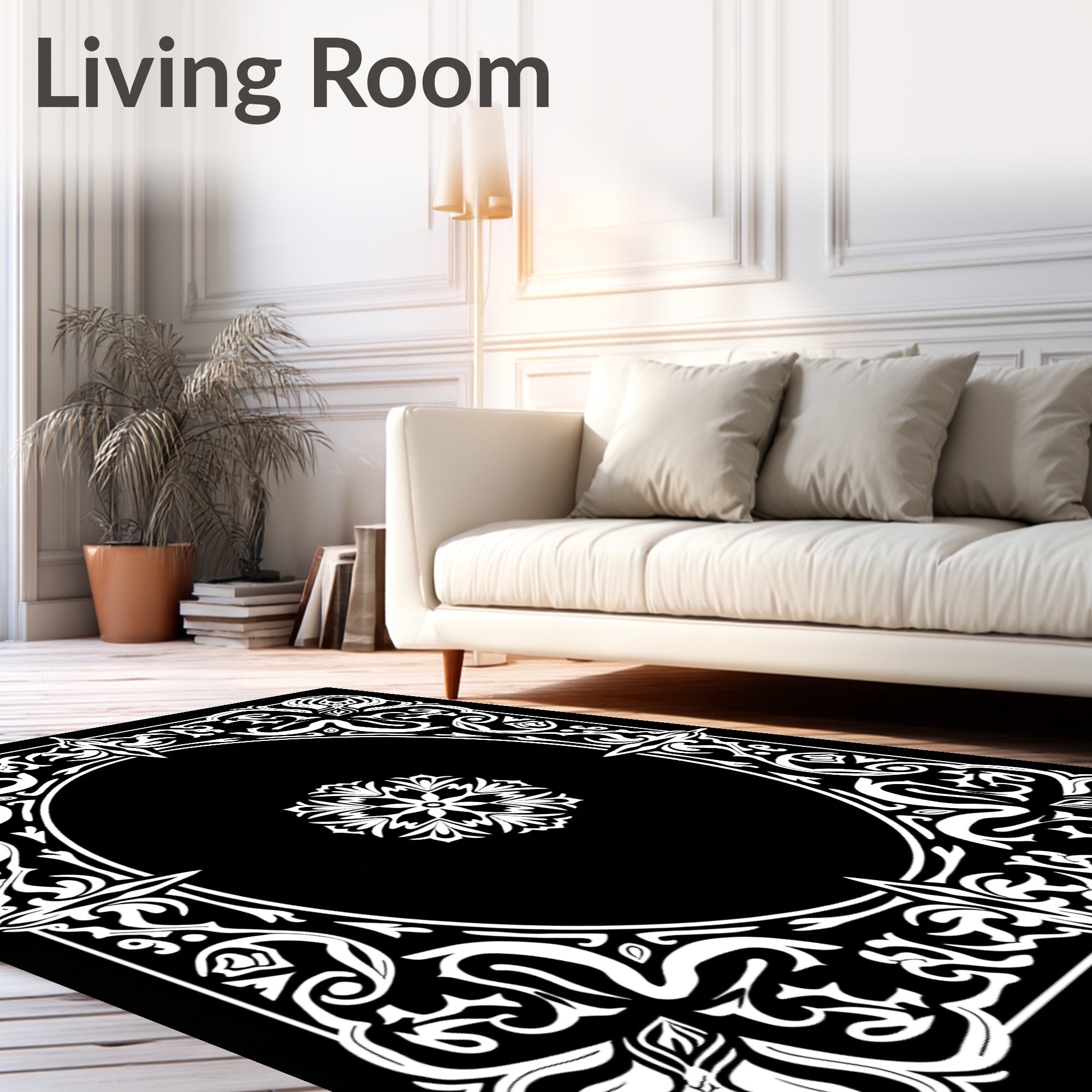 Ornate White Floral Frame Design Rug