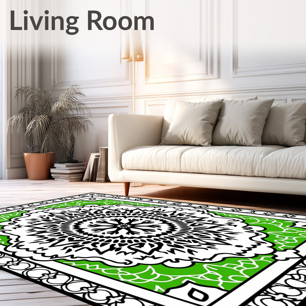 Black White Green Mandala Pattern Rug
