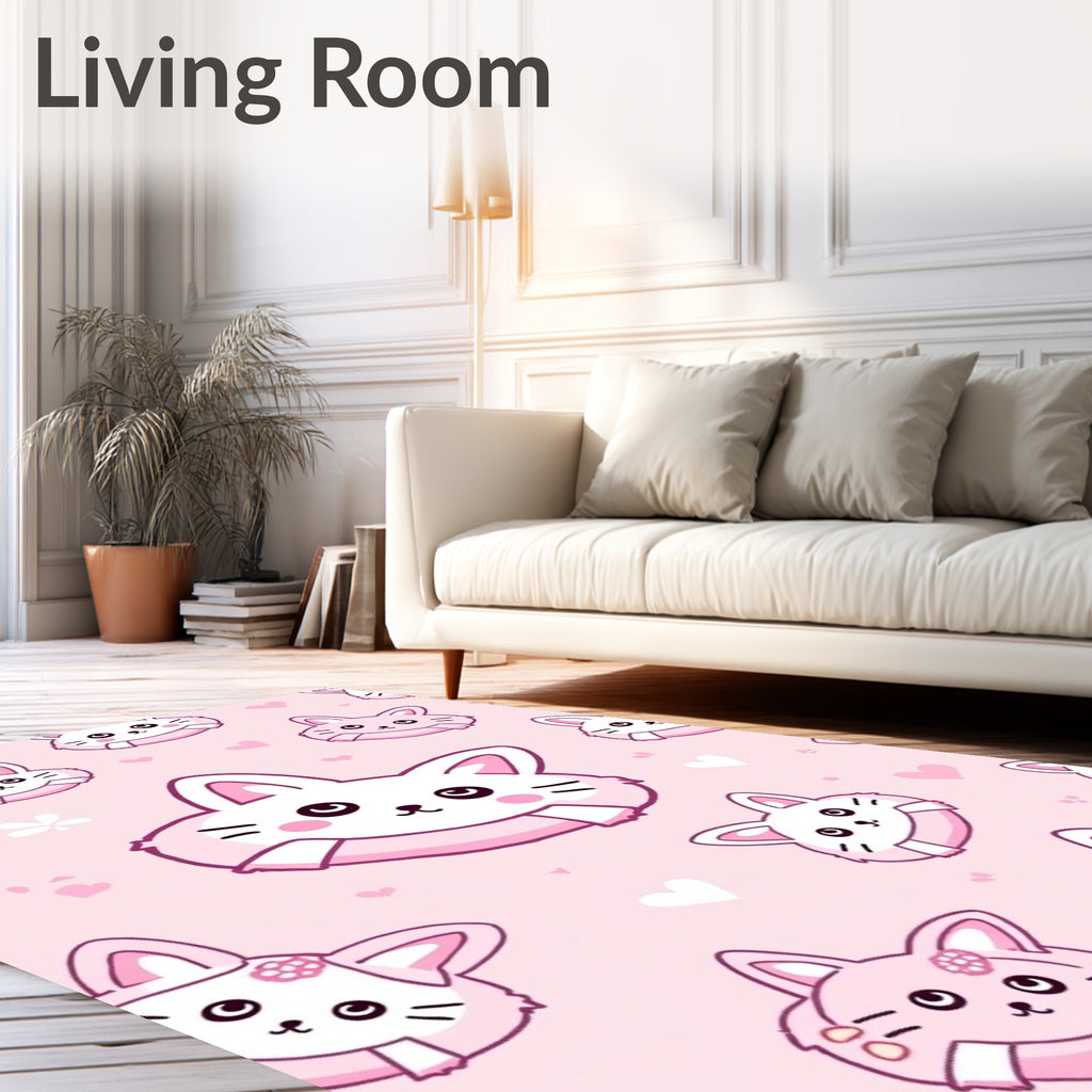 Pink Hearts Cute Cat Faces Rug