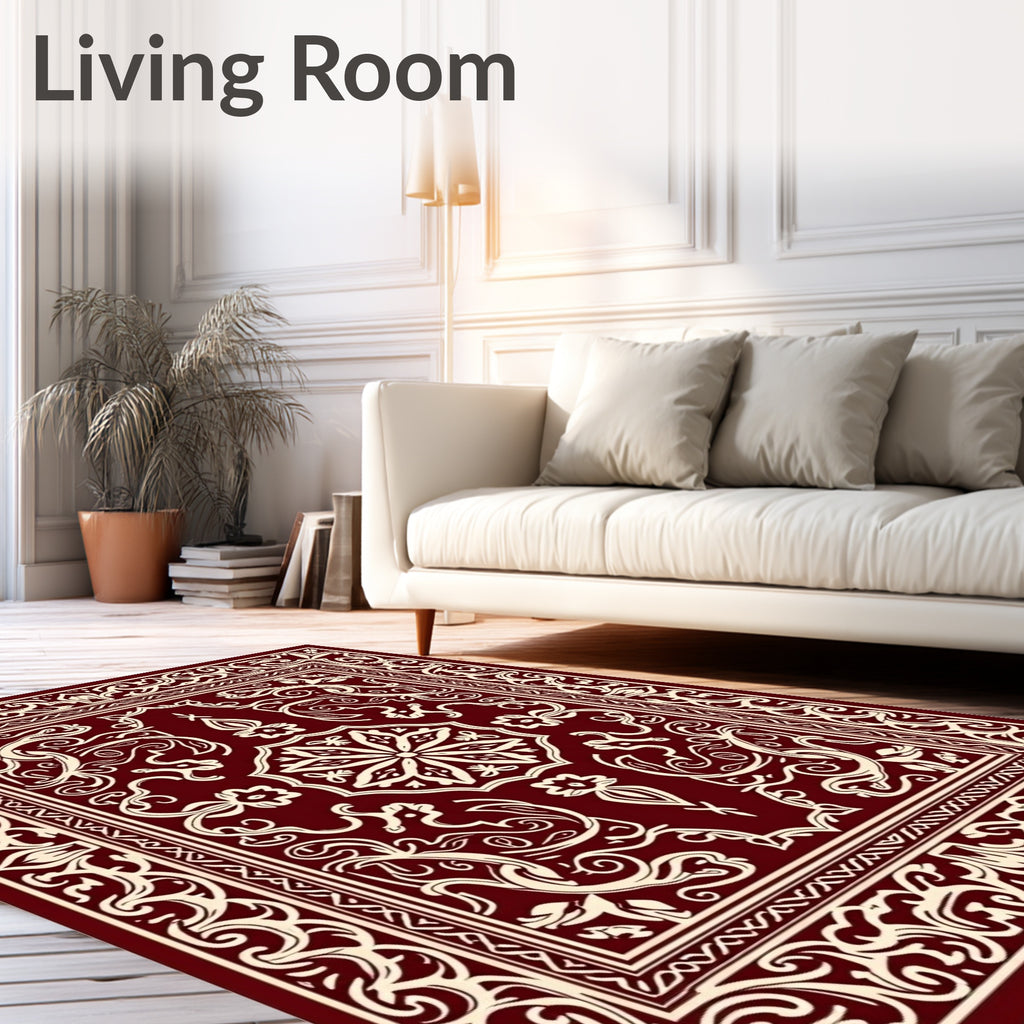 Ornate Red Cream Floral Pattern Rug
