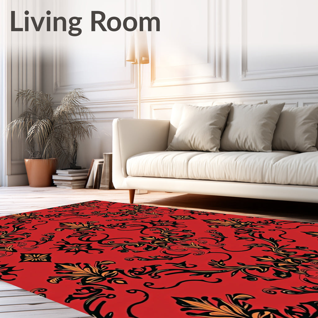 Ornate Red Black Gold Floral Pattern Rug