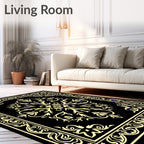 Ornamental Black Gold Floral Pattern Rug
