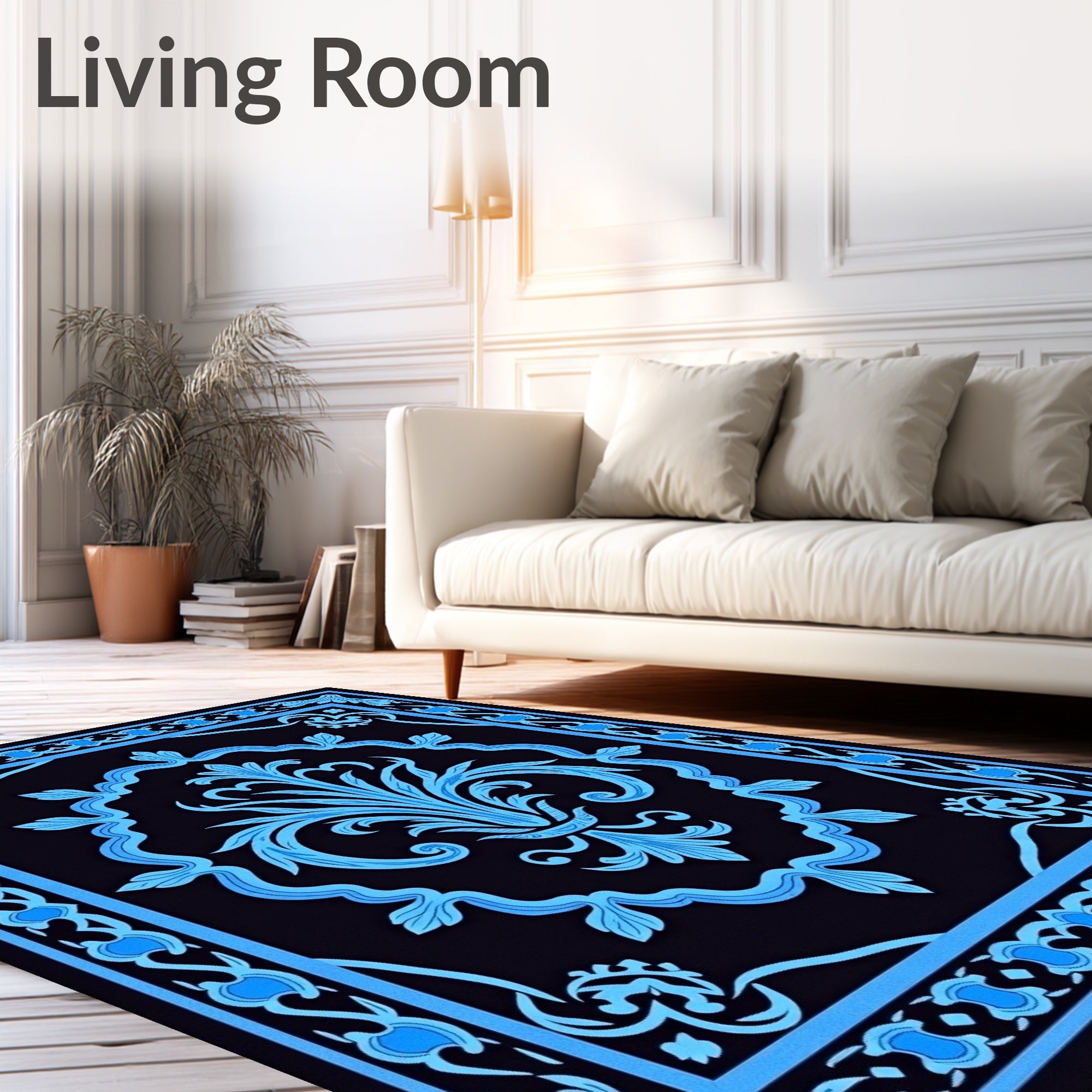 Ornate Blue Floral Scroll Pattern Rug