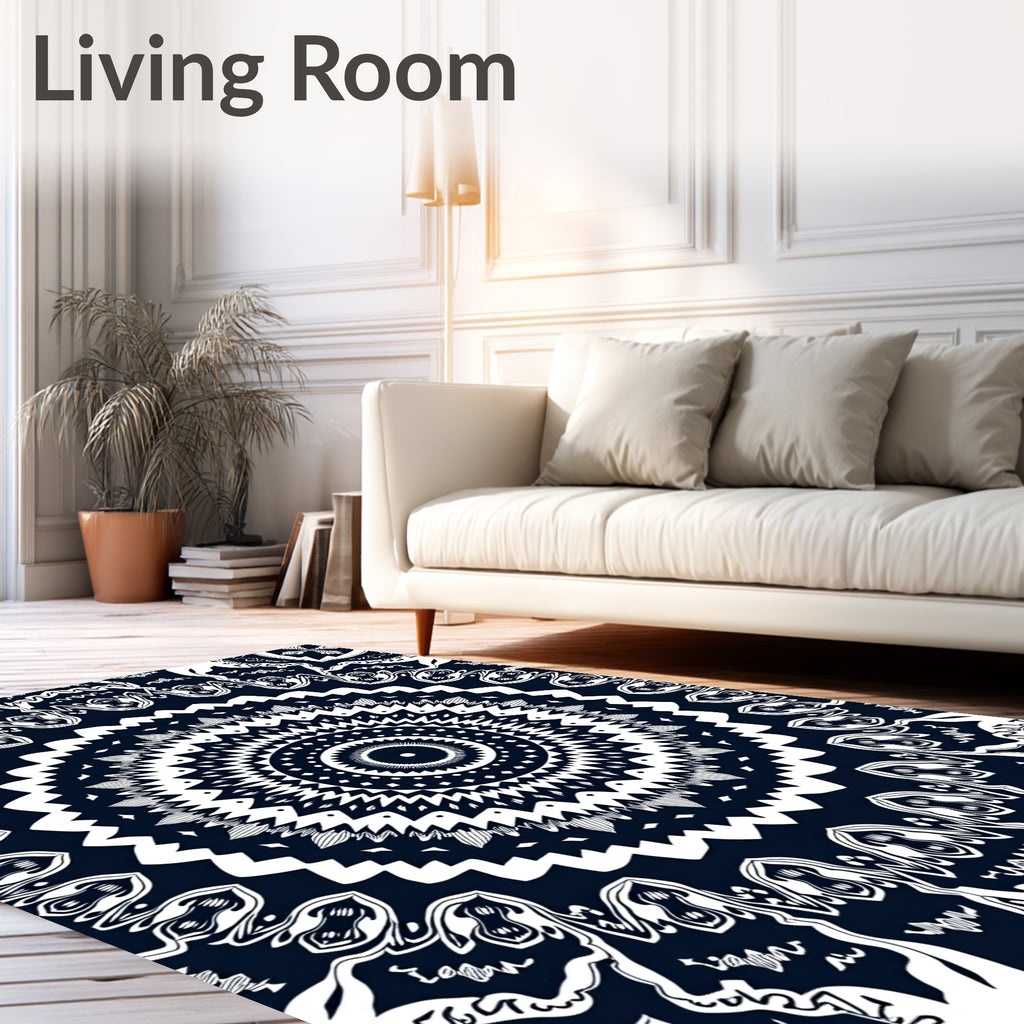 Intricate Radial Black And White Design Rug