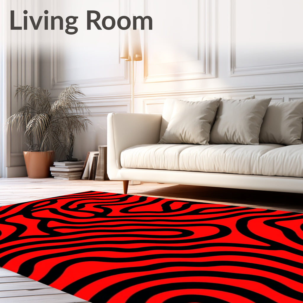 Bold Red and Black Wavy Lines Design Rug