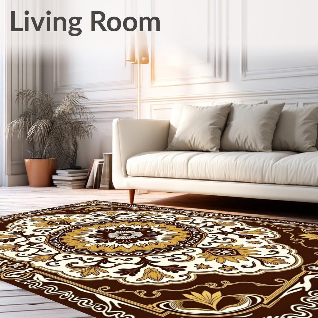 Rich Brown Gold Floral Mandala Rug