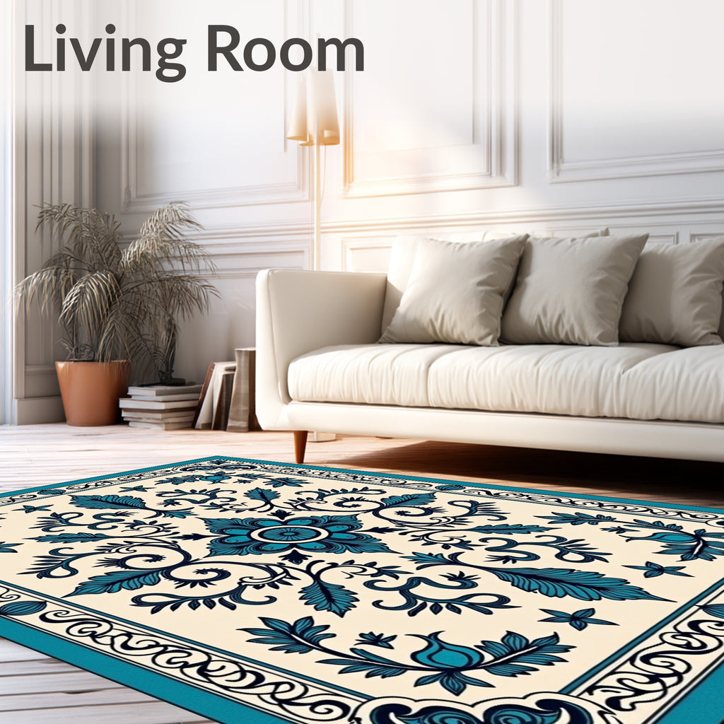 Ornate Teal Floral Scrollwork Design Rug