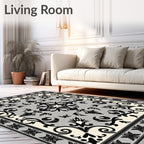 Ornate Black White Grey Floral Rug