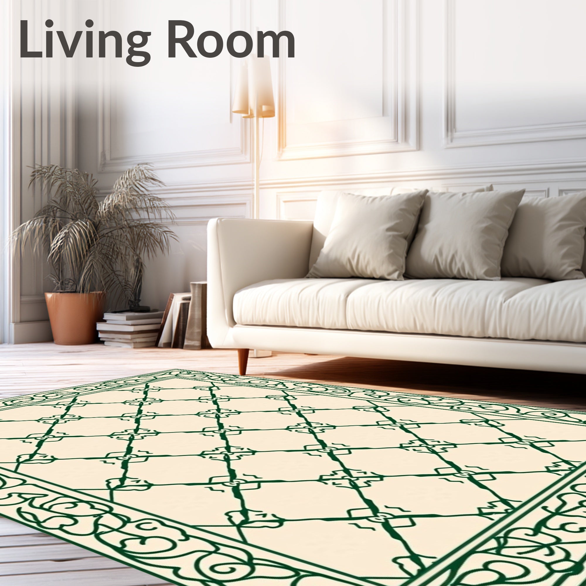 Ornate Cream Green Diamond Border Rug