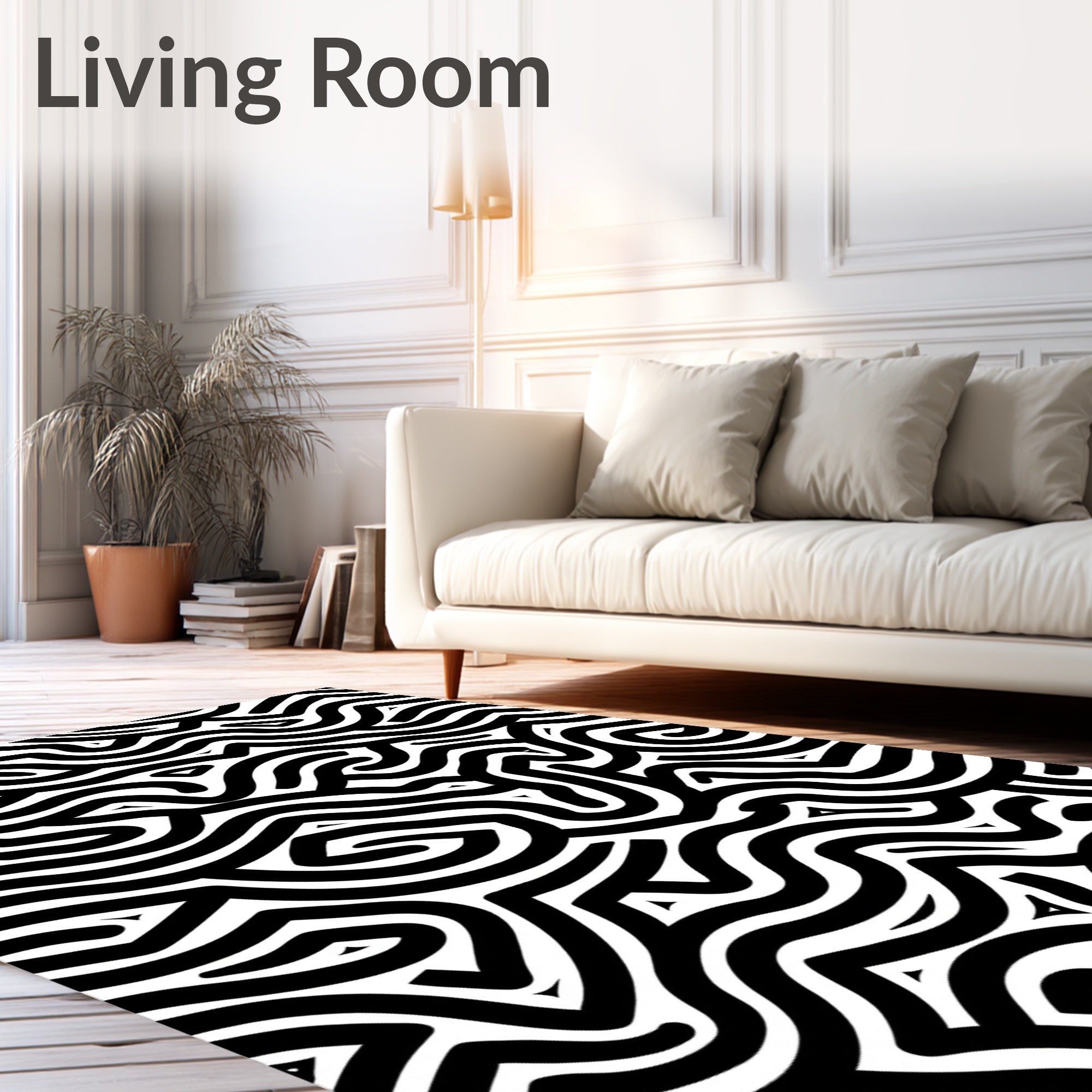 Black White Interlocking Wavy Lines Rug