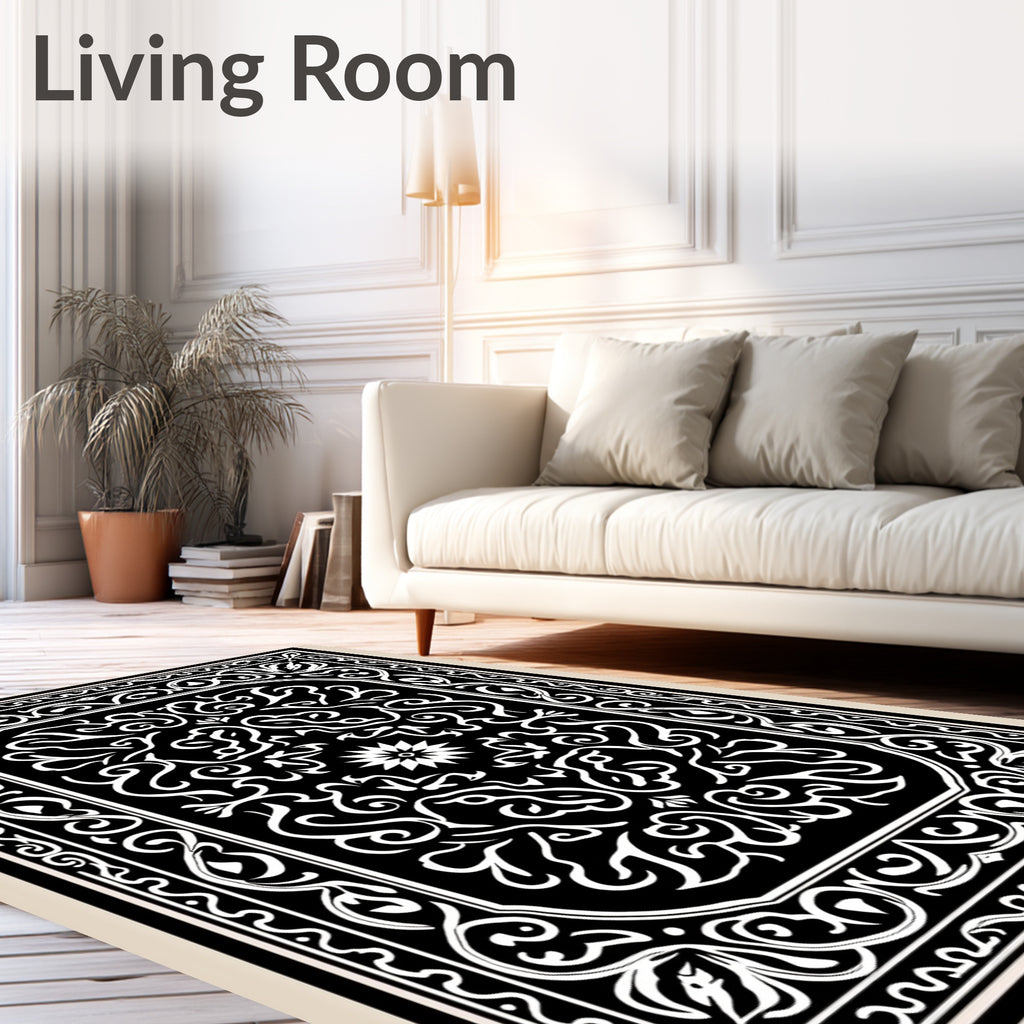 Black White Ornate Floral Scroll Pattern Rug