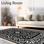 Black White Ornate Floral Scroll Pattern Rug