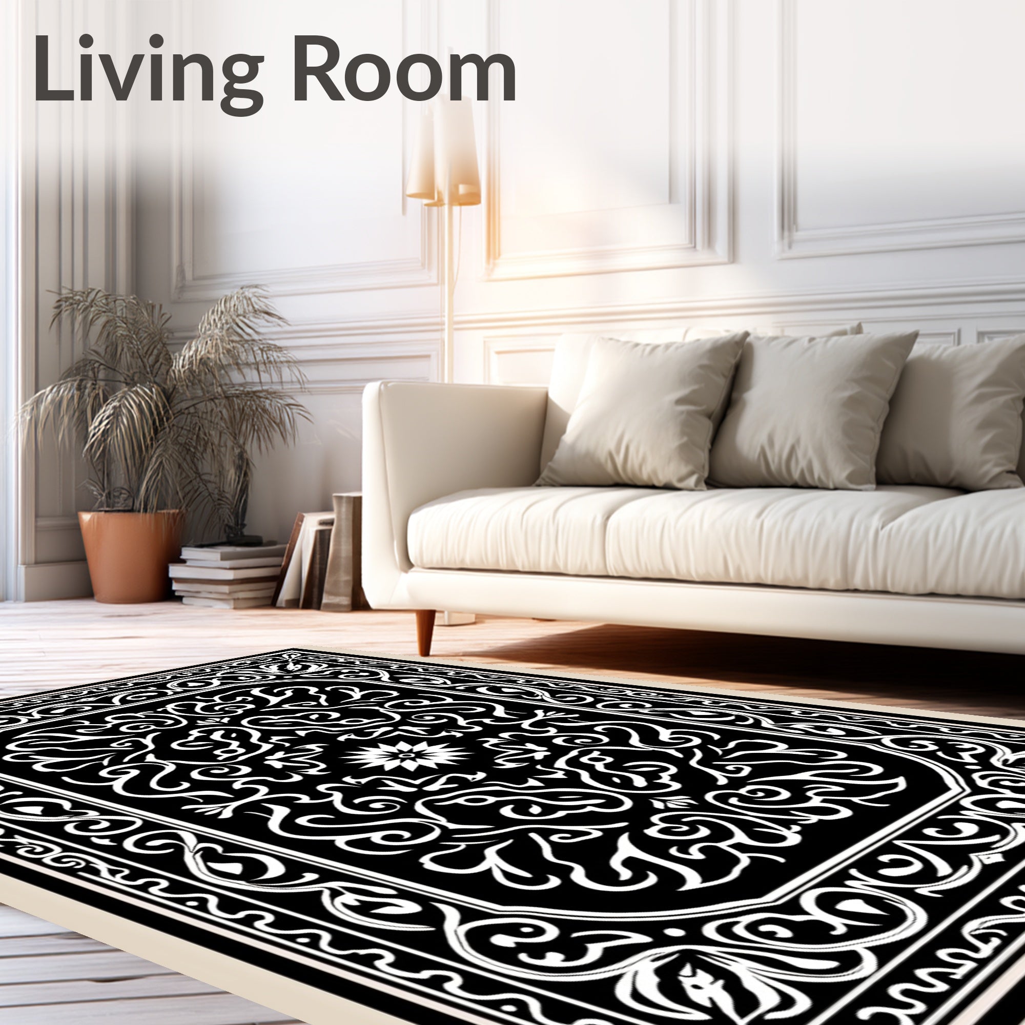 Black White Ornate Floral Scroll Pattern Rug