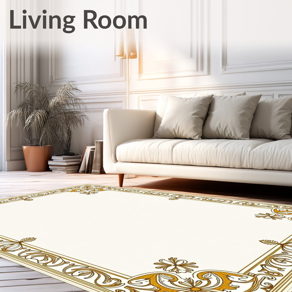 Ornate Gold Floral Scroll Border Rug