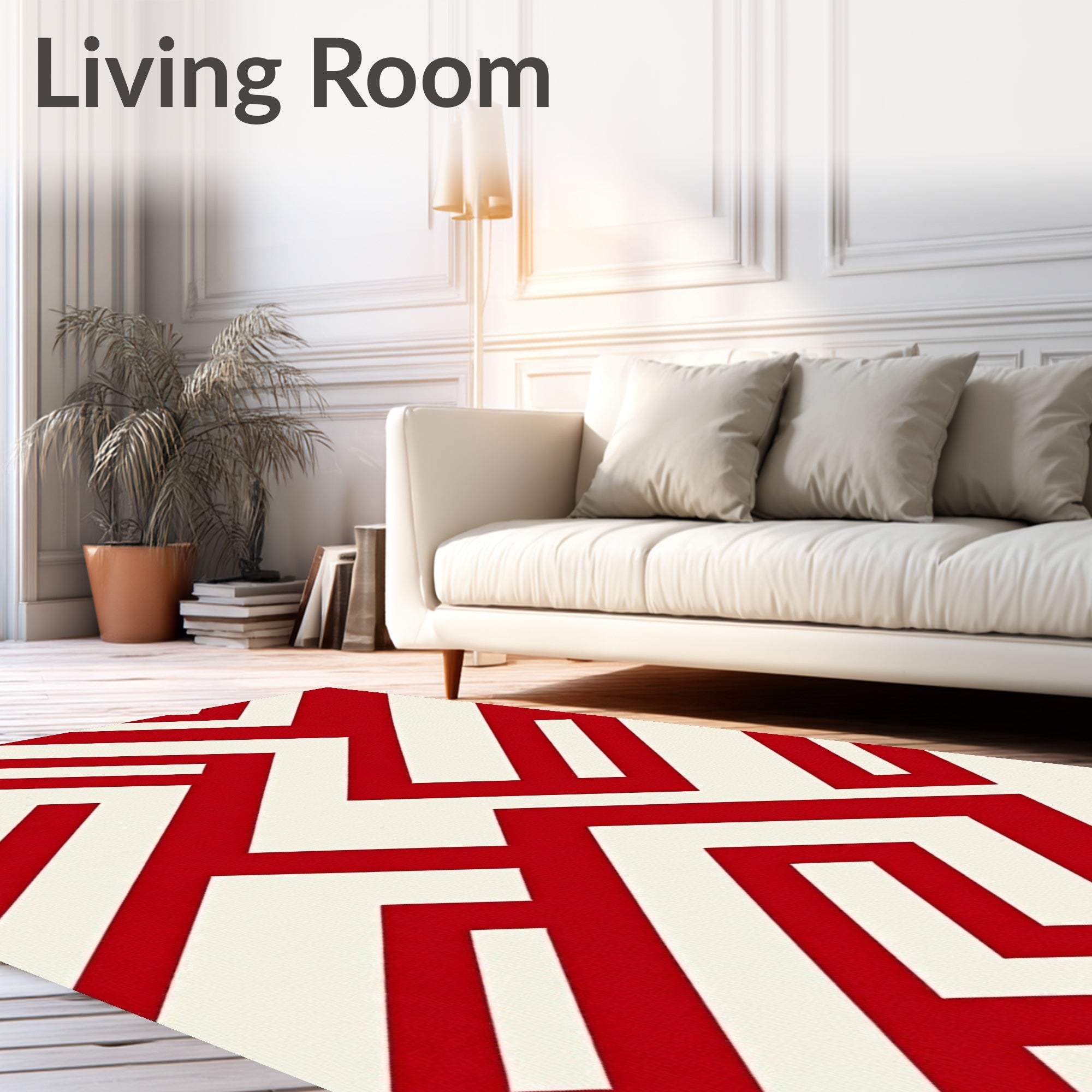 Bold Red White Geometric Maze Pattern Rug