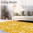 White Scrollwork On Golden Yellow Fabric Rug