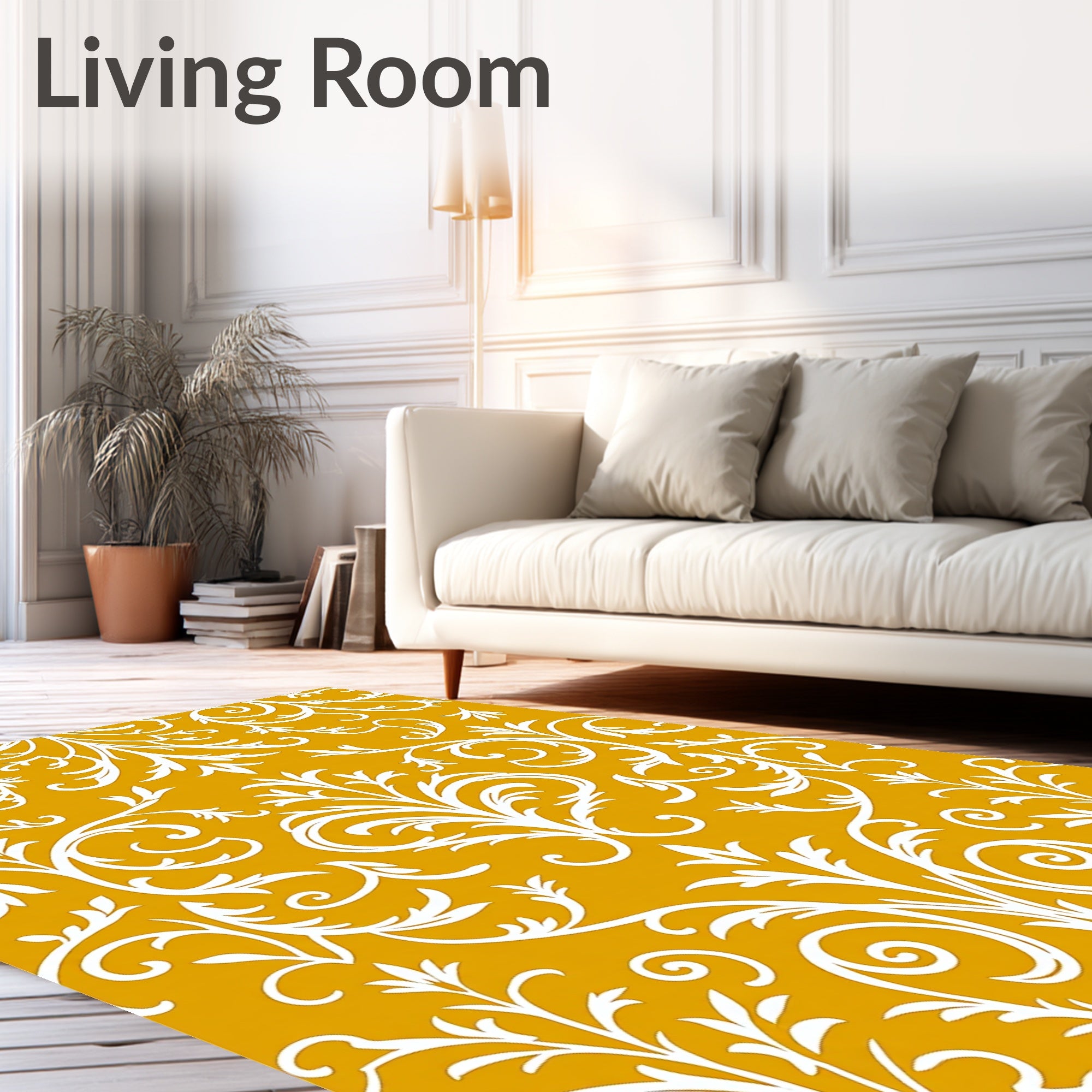 White Scrollwork On Golden Yellow Fabric Rug