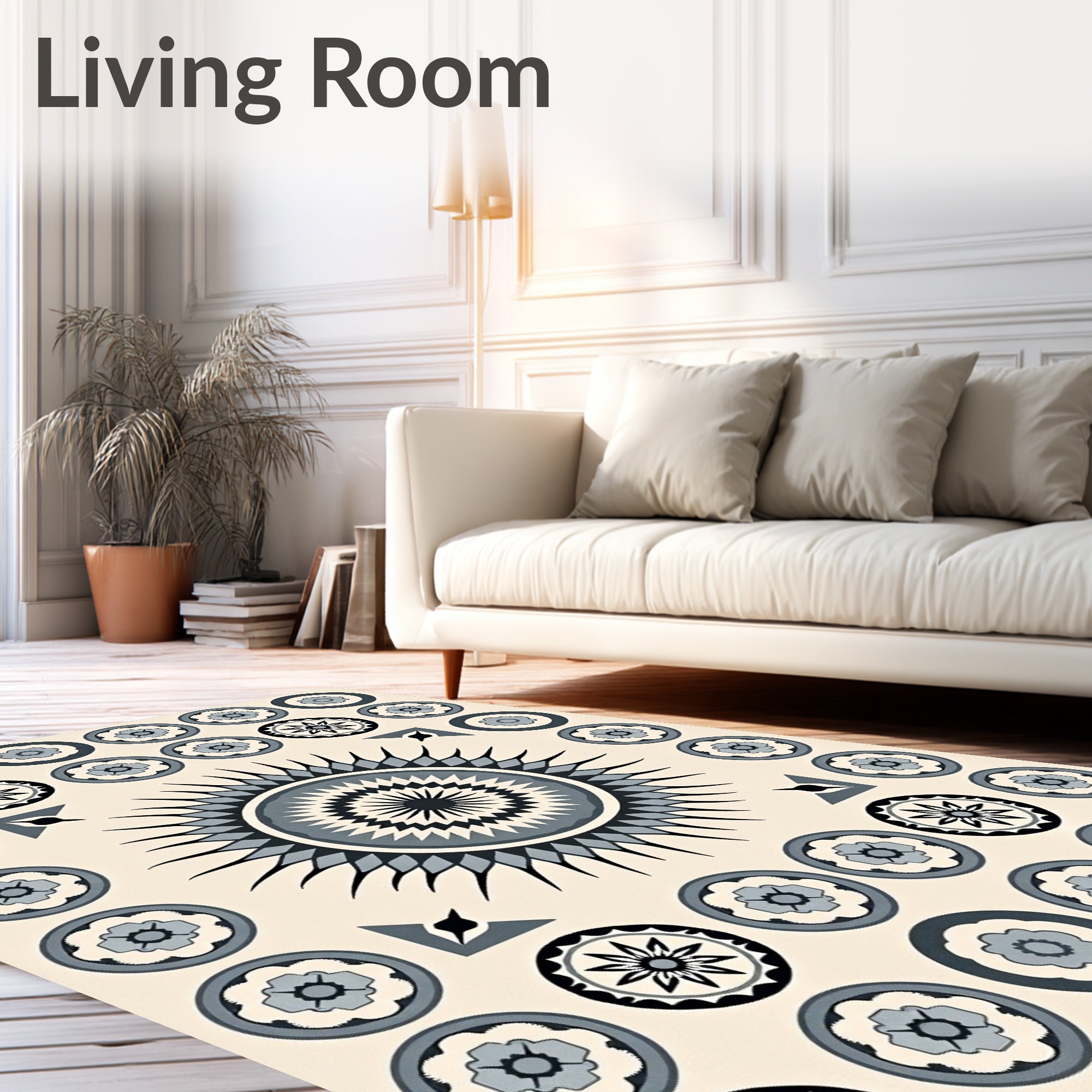 Grey Black Floral Round Pattern Rug