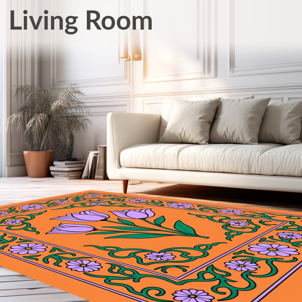 Orange Floral With Green Vine Border Rug