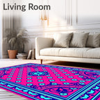 Vibrant Pink Blue Floral Mandala Design Rug