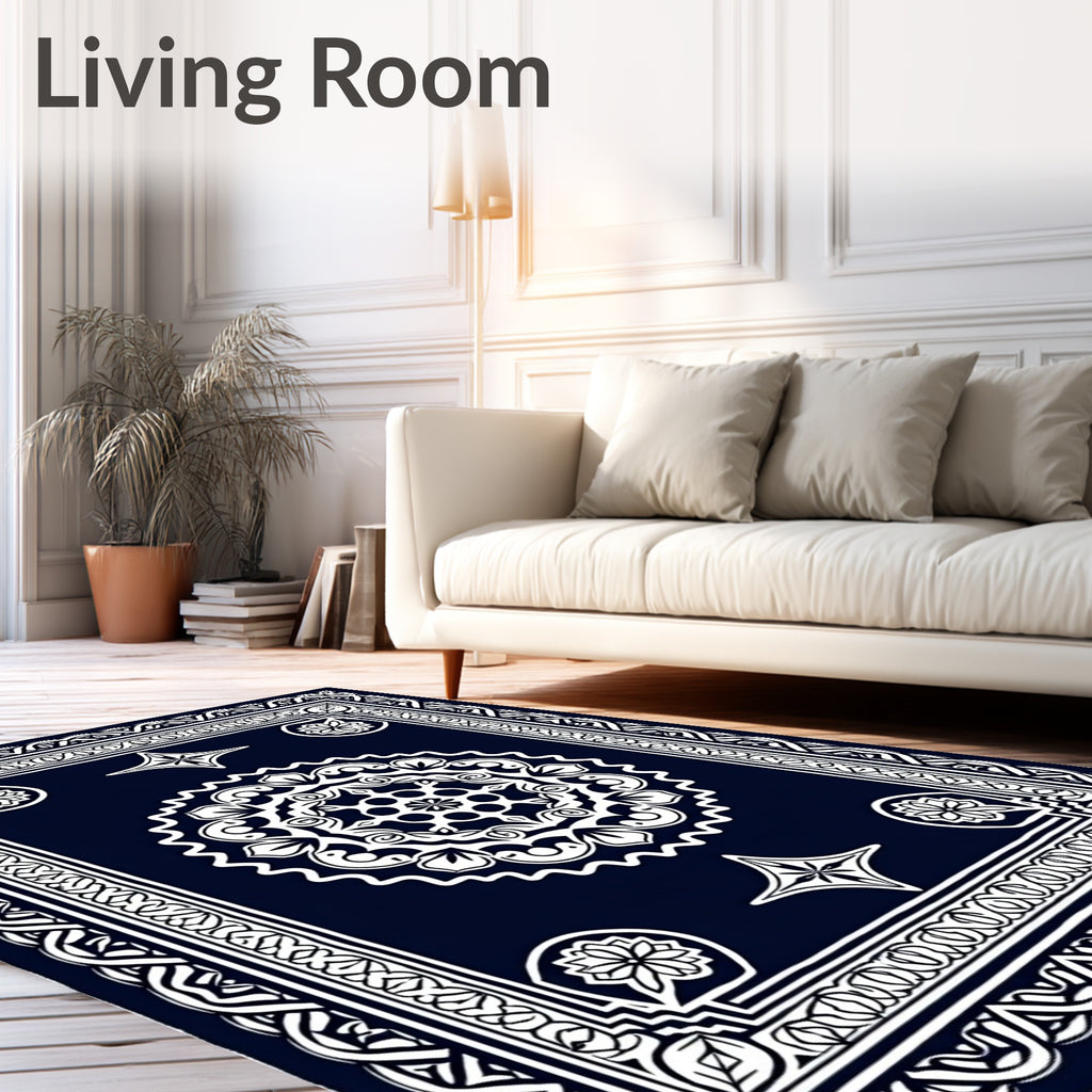 Ornate White Mandala Dark Blue Rug