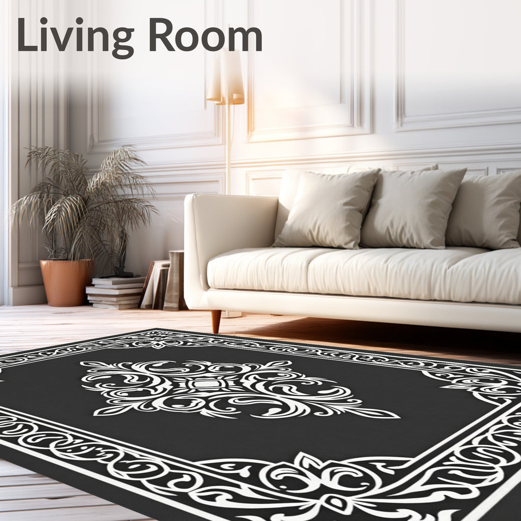 Ornate Black White Scroll Pattern Rug