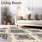 Ornate Black Beige Damask Pattern Rug