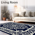 Ornate Navy White Floral Scroll Rug
