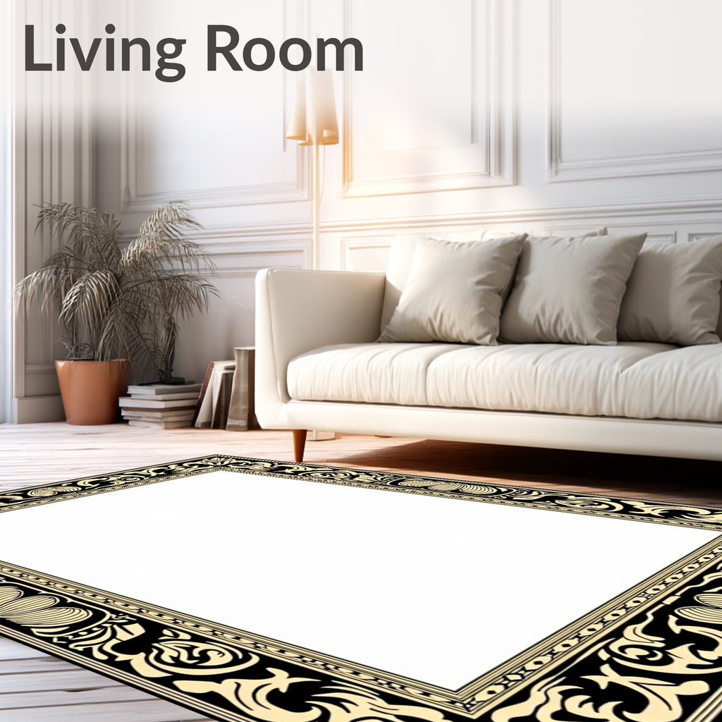 Ornate Black Gold Floral Border Rug