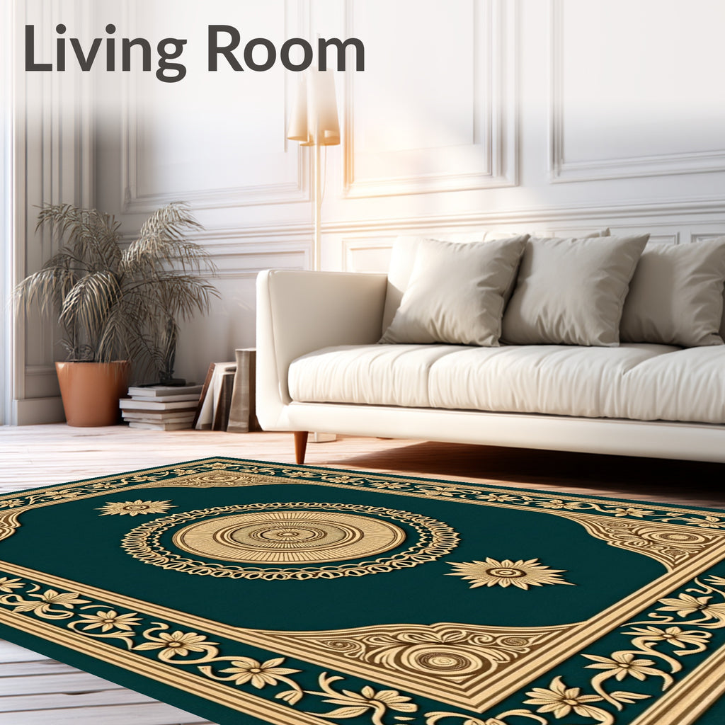 Gold Floral Bordered Teal Medallion Rug