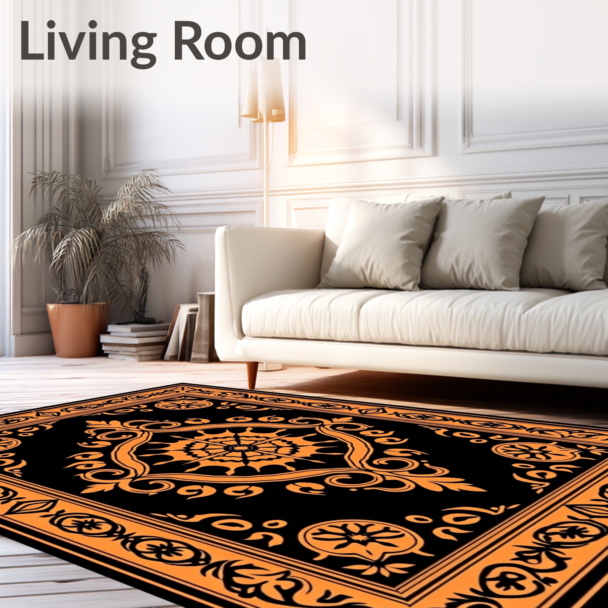 Bold Orange Floral Scroll Pattern Rug