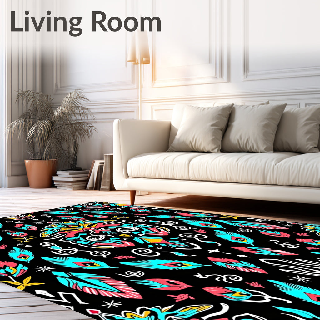 Vibrant Teal Coral Feather Pattern Rug