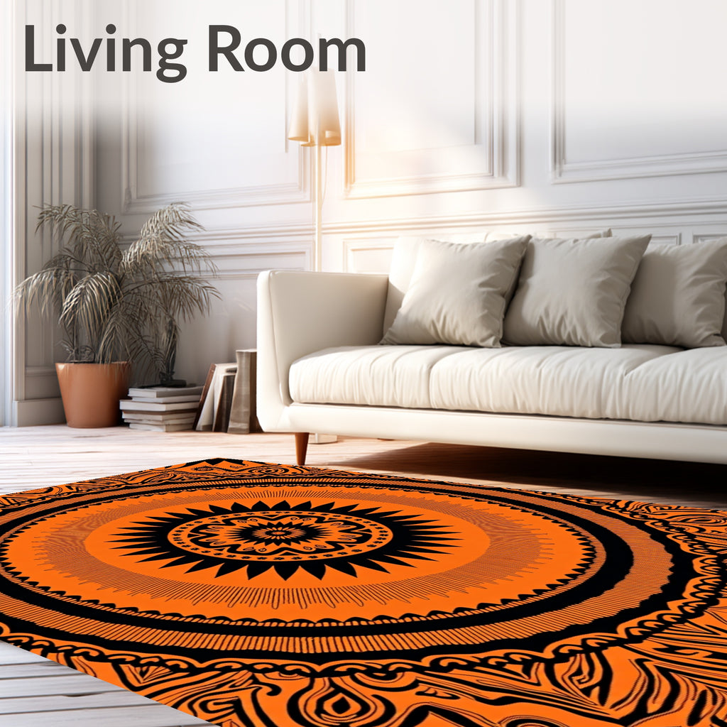 Vibrant Orange Black Mandala Pattern Rug